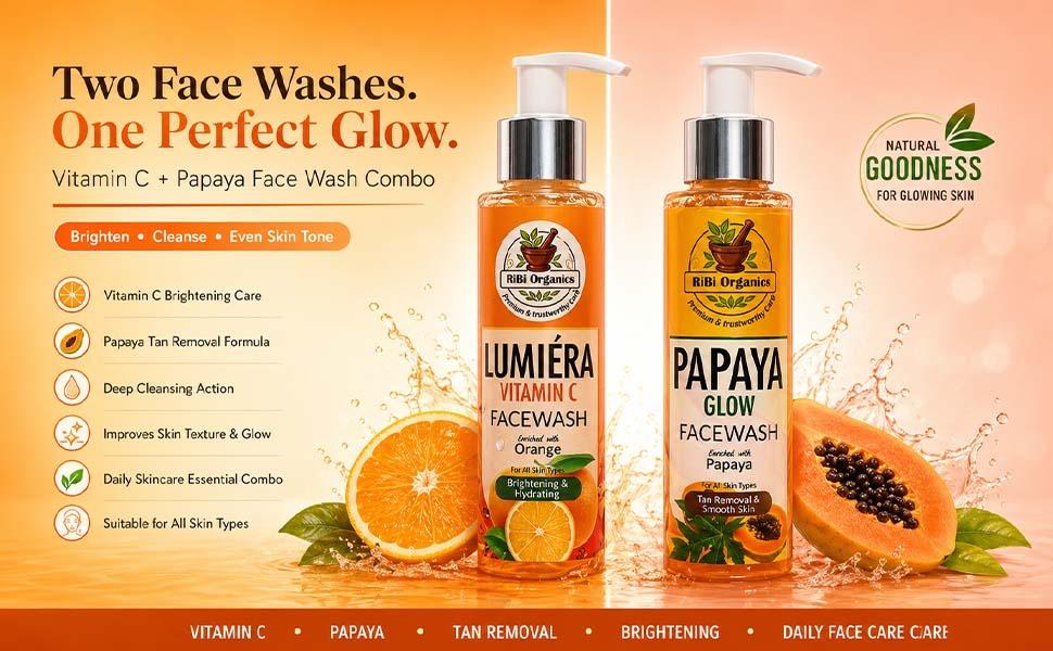 Combo Vitamin C Face Wash + Papaya Face Wash Combo | Brightening, Tan Removal & Deep Cleansing Skincare Set